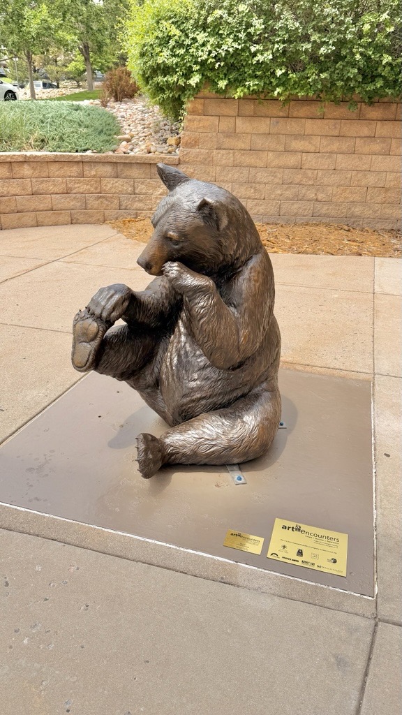 Big Flirt is a bronze sculpture of a black bear sitting and pulling its right foot up with one paw.